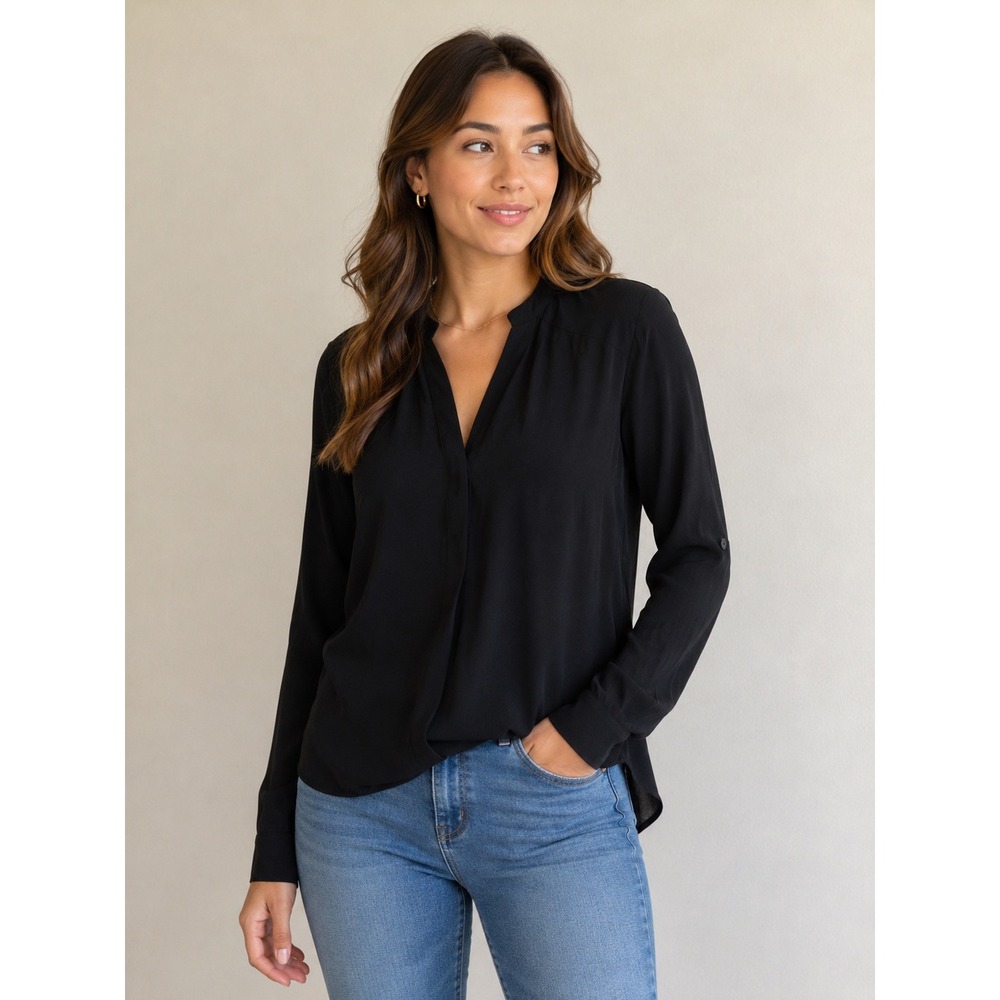 Banana Republic Womens Black Roll Tab Sleeve Split Neck High Low Blouse Size S